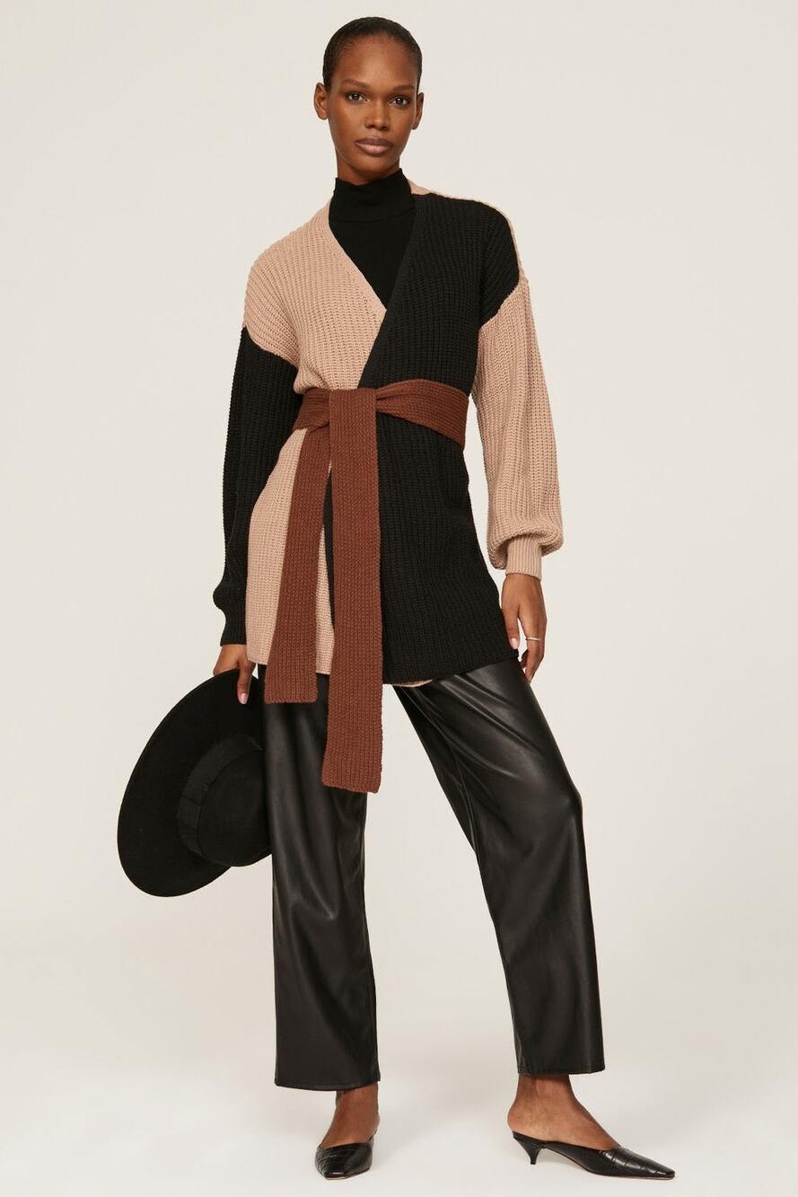Love, Whit by Whitney Port Brown Colorblock Tie Waist Wrap Cardigan Sweater XS